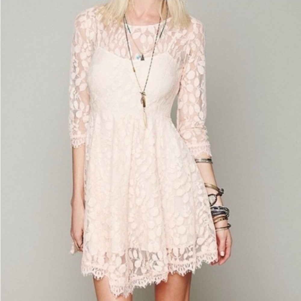 Free People Floral Mesh Lace Mini Dress Ivory/Peach/Cream Size